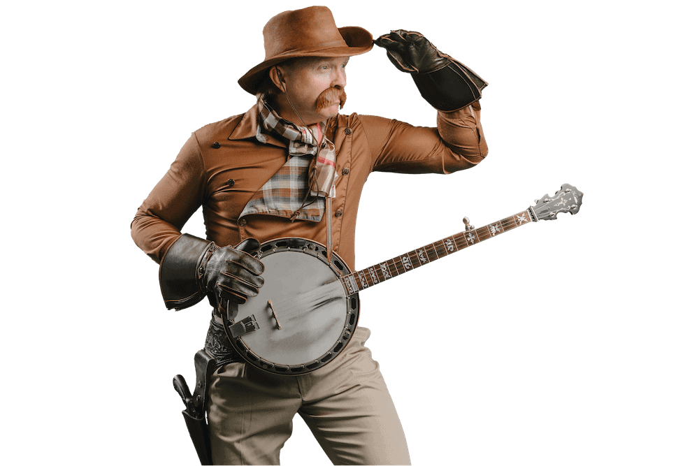 Banjo Ben in western dress, shading his eyes, banjo in hand